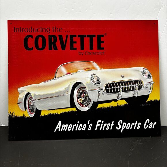 Chevrolet Chevy Corvette Car Sign GM Official Vintage Metal Garage Made USA - Picture 1 of 6
